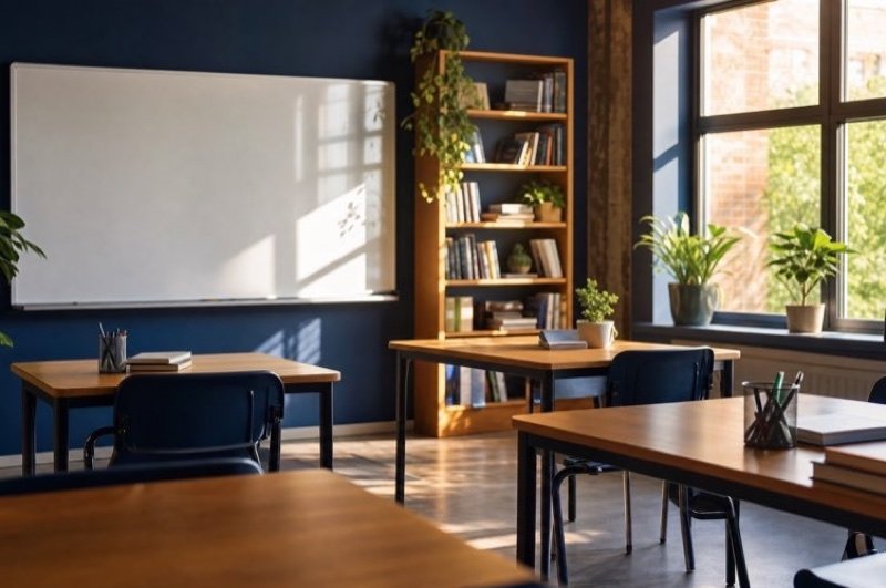 A bright, modern classroom of the kind the tutoring industry uses for small study groups