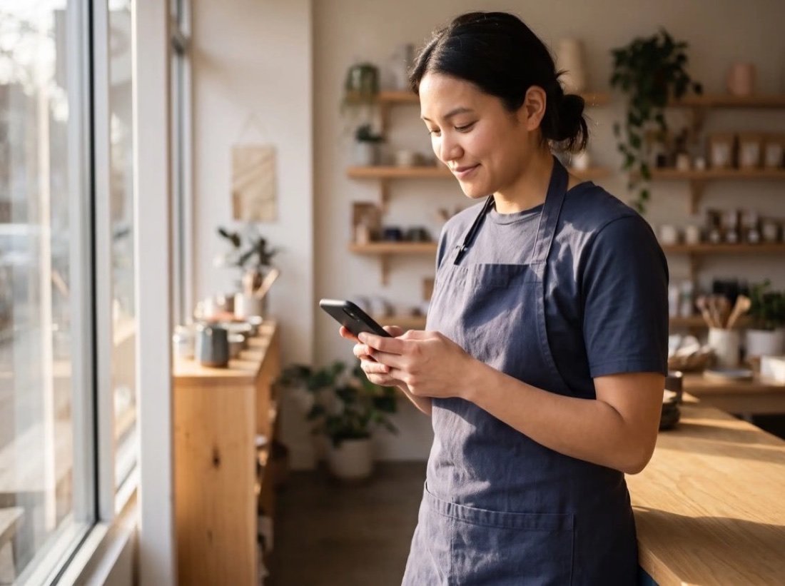 A smiling shop owner in an apron checking her phone in a bright café with plants and shelves