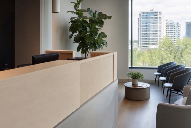 A bright clinic reception with a pale wood counter and waiting chairs by a tall window, residential towers outside