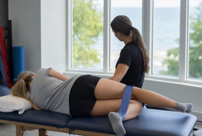 In a sunny clinic, a clinician steadies a patient’s leg during a knee exercise, everyday work in the physical therapy industry
