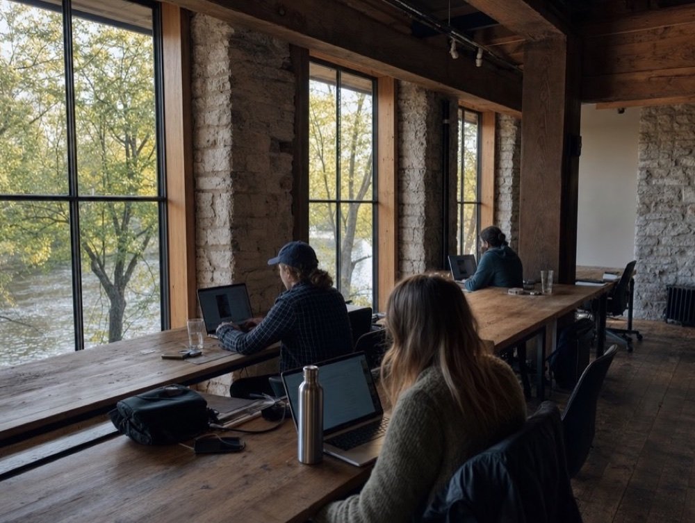 A small team on laptops at a long wooden table under timber beams, fieldstone walls and tall windows