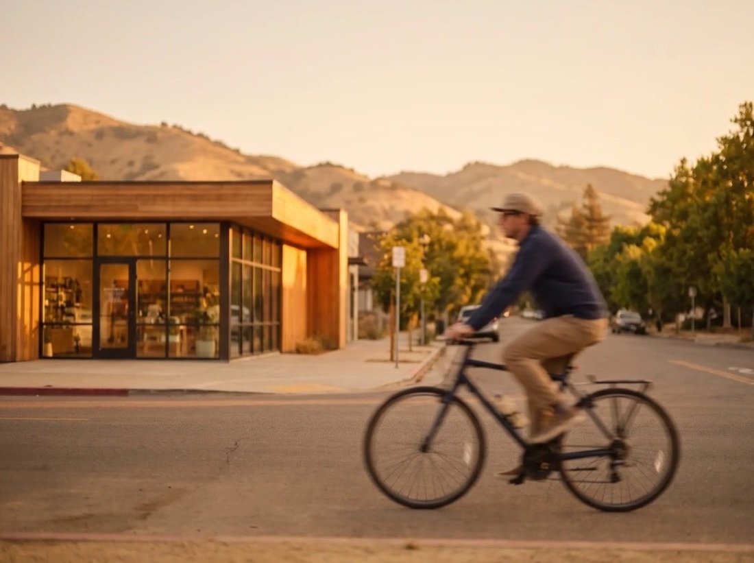 A cyclist riding past a glass-fronted building at golden hour, dry hills in the distance