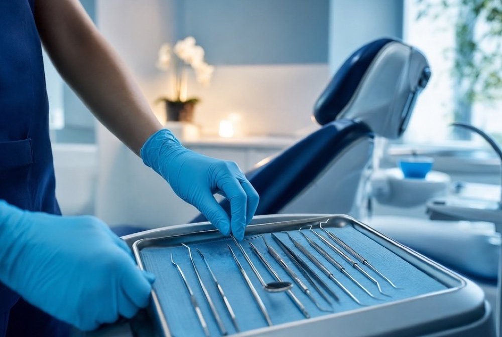Neat rows of dental instruments set out on a tray, ready in a spotless treatment room