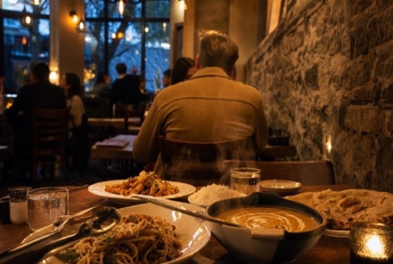 A warm restaurant dining room with an exposed stone wall and tables set for the evening
