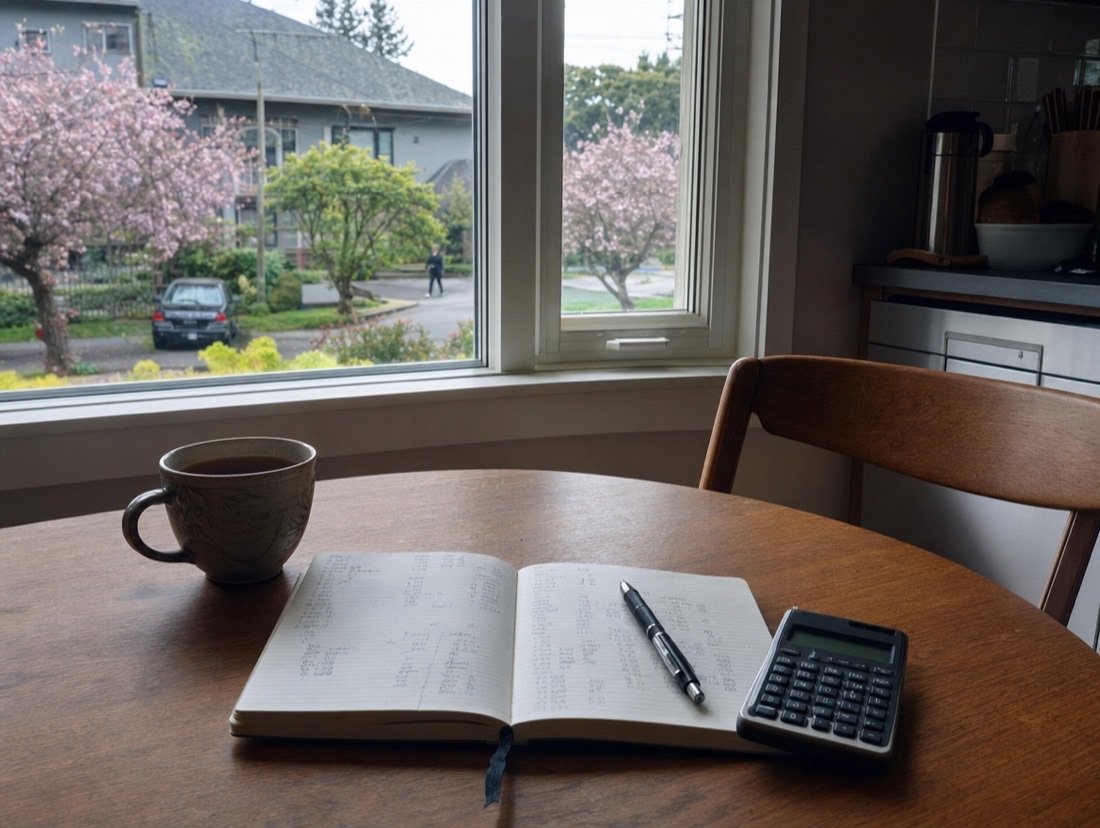 A calculator beside a page of handwritten sums and a mug of tea on a wooden table in morning light