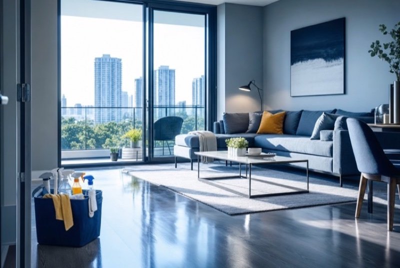 A high-rise condo living room with a gray sofa and floor-to-ceiling glass facing other towers, a common real estate industry listing