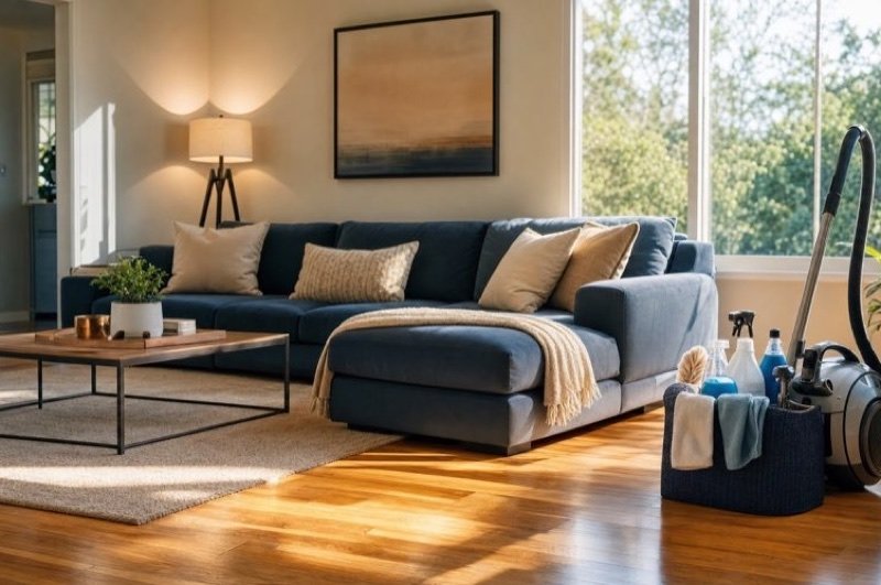 A tidy, sunlit apartment living room with a vacuum and a caddy of cleaning supplies beside the sofa