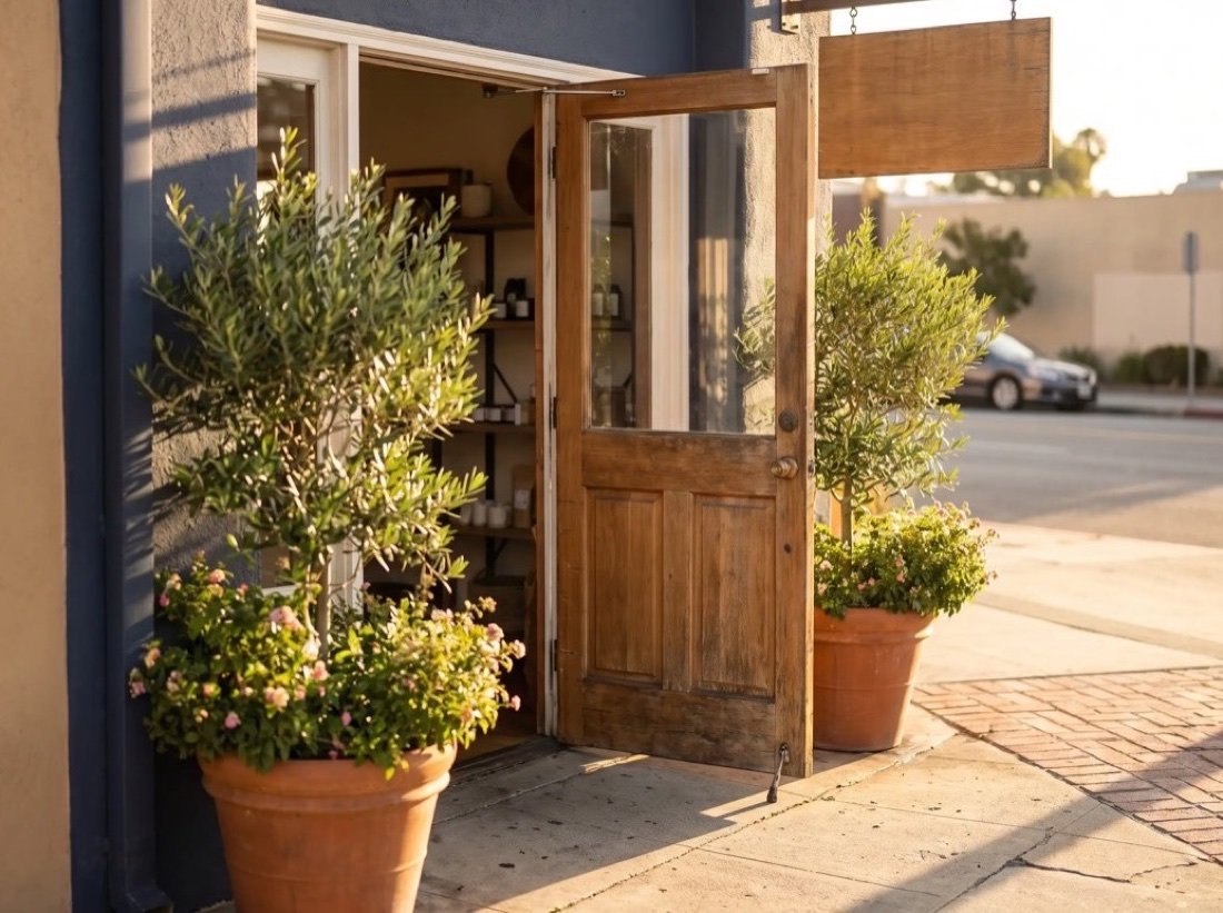 A wooden shop door propped open, olive trees in pots and flowers on either side, sunshine on the pavement