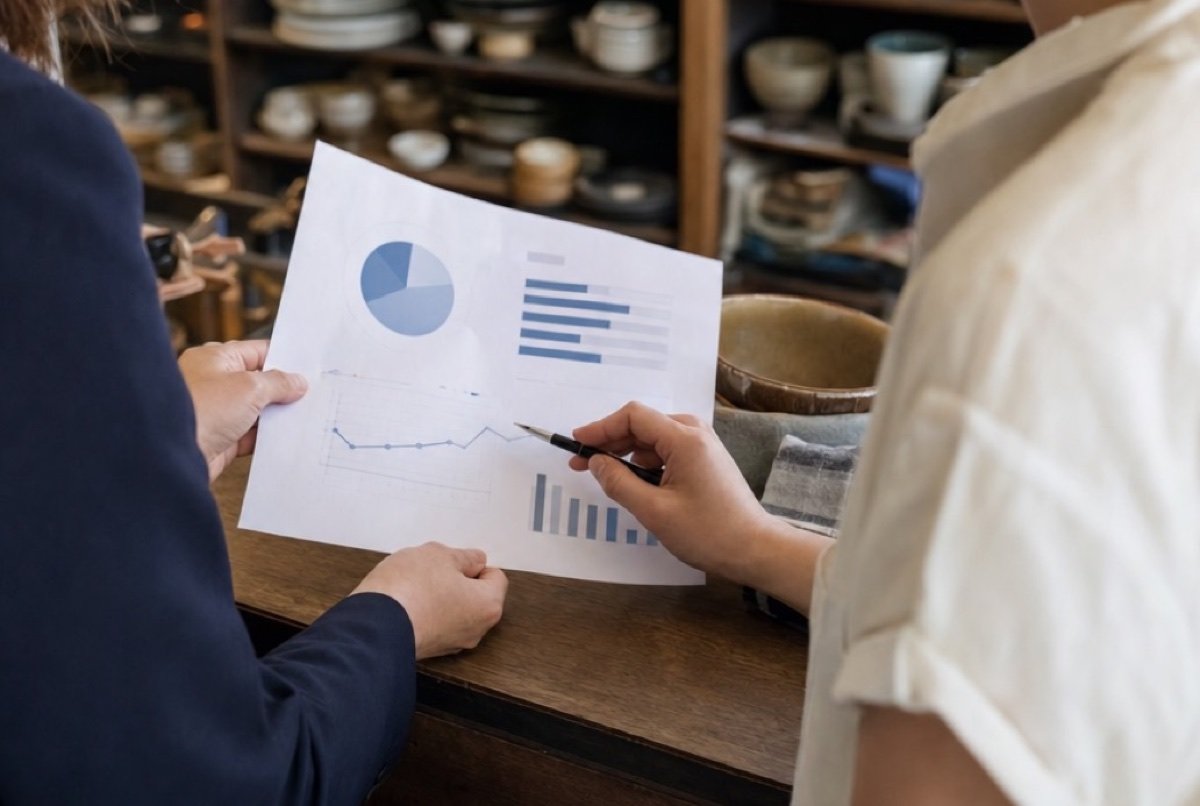 An owner and an advisor reviewing a printed chart report at a shop counter, the kind of check SEO pricing should pay for