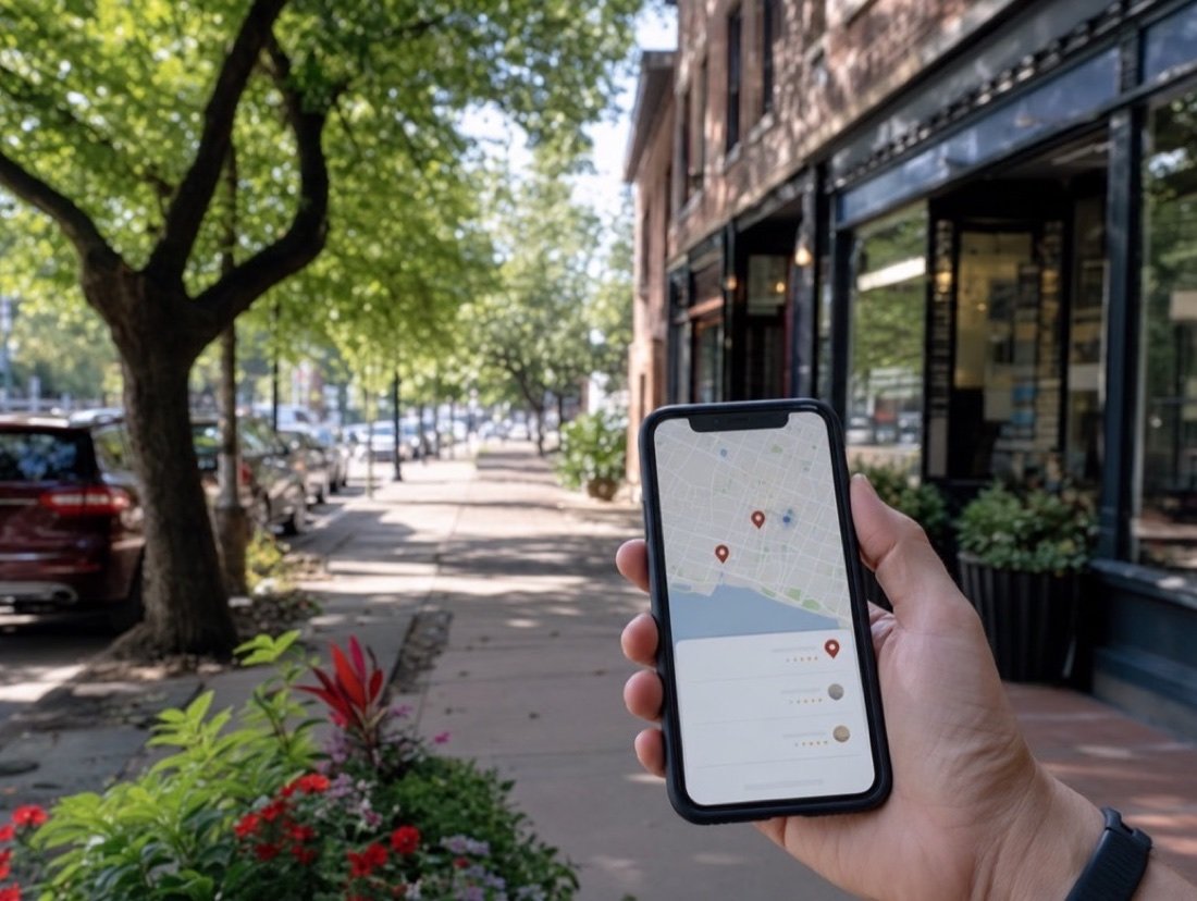 A hand holding a phone showing a map with a few pinned results, a tree-lined street of brick storefronts blurred behind
