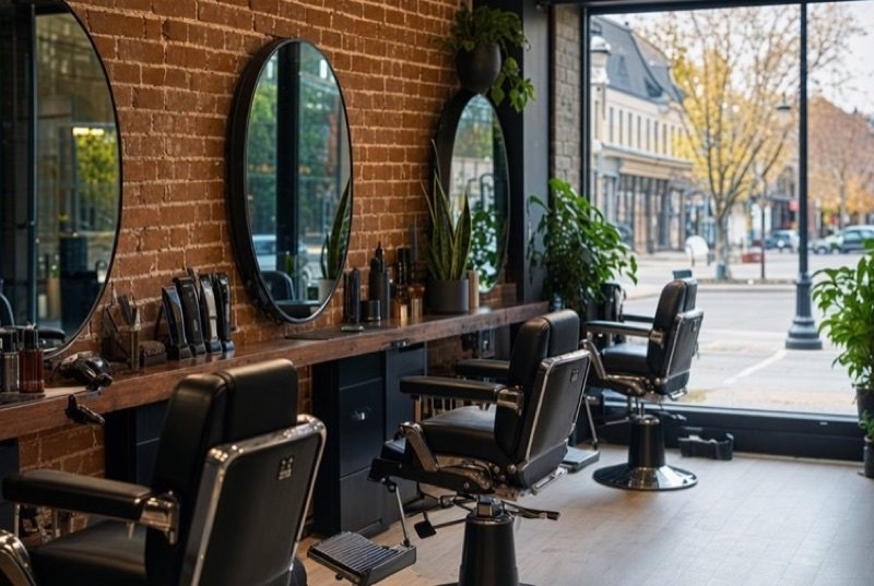 Styling chairs lined up along an exposed brick wall in a bright, airy hair salon