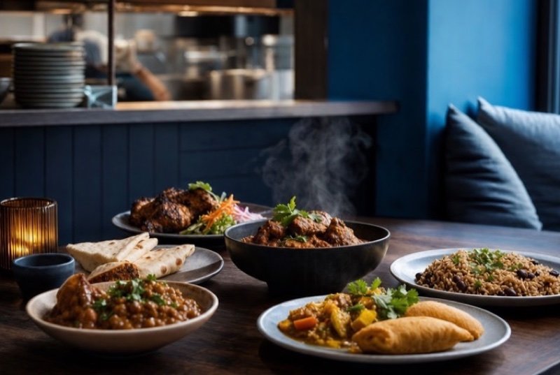 Shared plates of rice, stews, grilled dishes and flatbread on a dark wooden table, steam rising