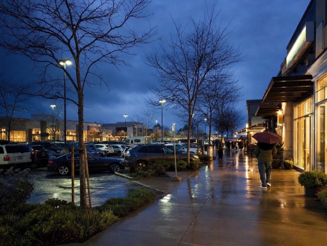 Rain on a plaza in the evening, lit storefront windows reflected on wet paving