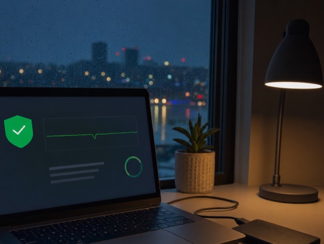 Night desk with a laptop displaying a shield icon and an uptime trace, a backup drive and lamp nearby, lights of a city in the window