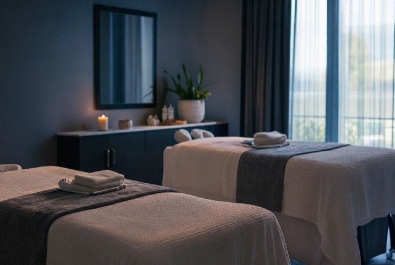 Two massage tables side by side in a dim, calm room, towels folded and a candle lit, a typical wellness industry setup