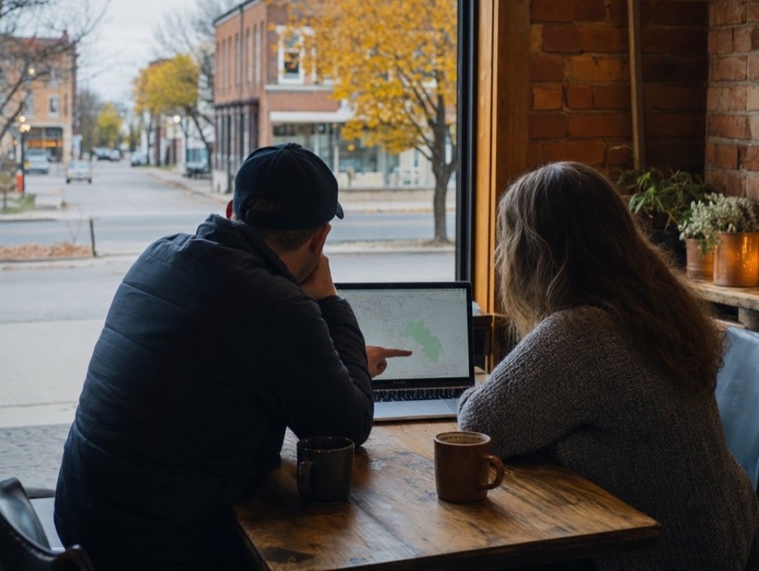A pair sitting by a tall window in a café with brick walls, looking over a map on a laptop screen