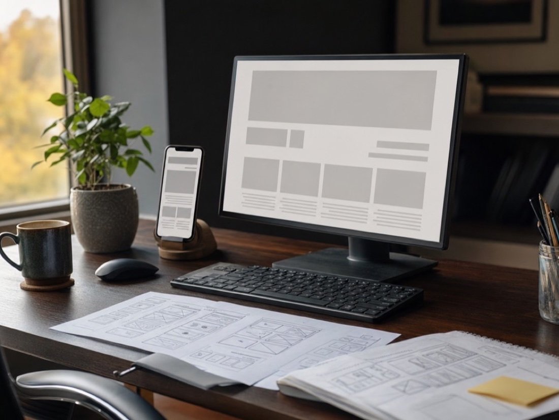 Wireframe pages shown on a large monitor and a phone, paper layouts scattered on the desk